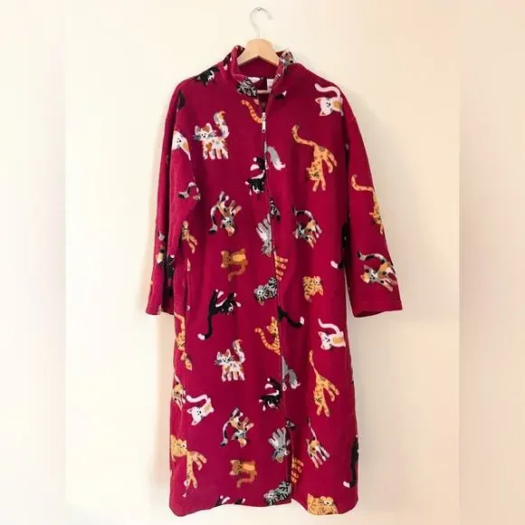 Vintage | Intimates & Sleepwear | Vintage Ml Cat Print Night Dress Novelty  Fleece Zip Up Crazy Cat Lady Unique | Poshmark